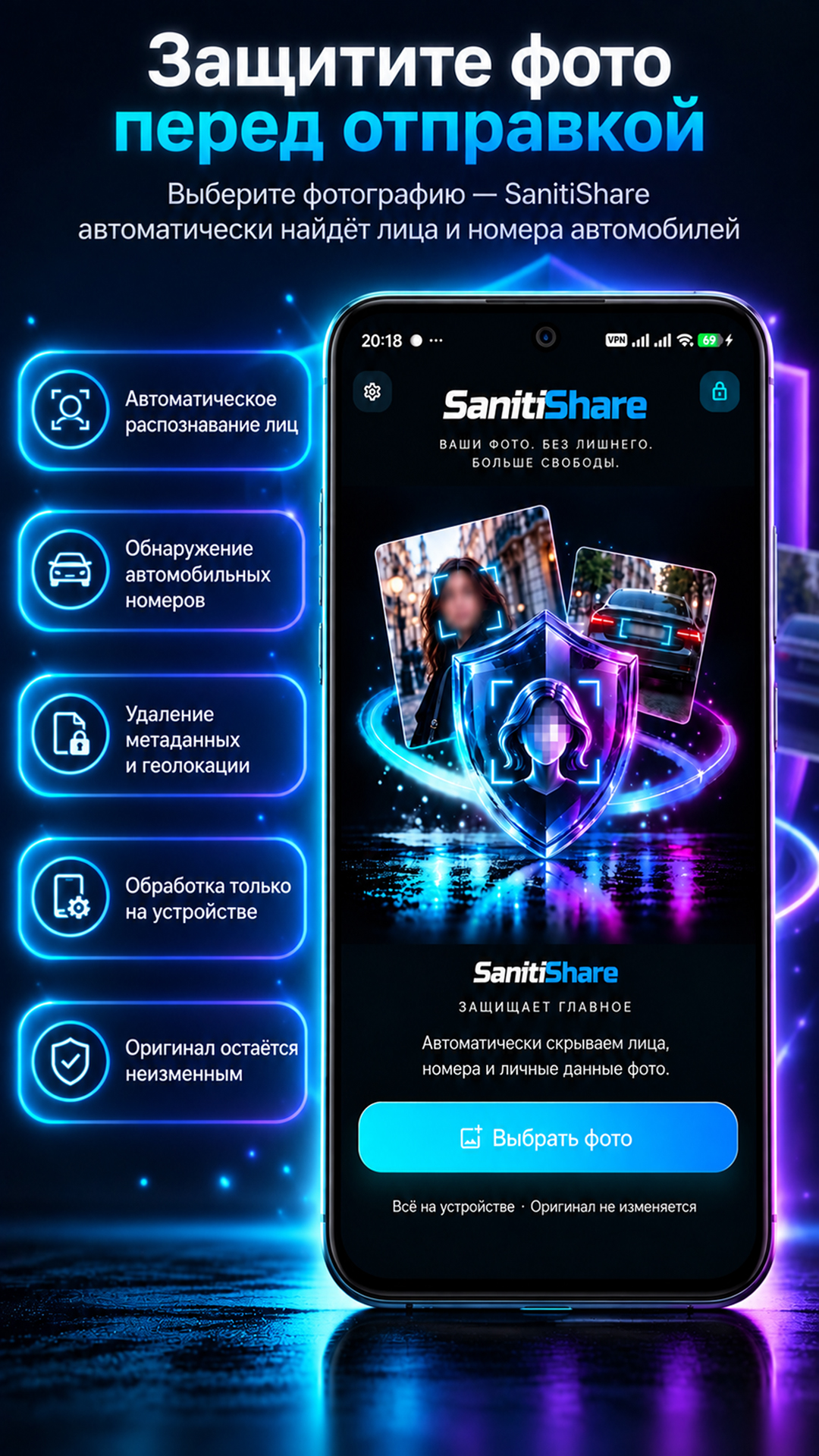 Основные возможности SanitiShare: поиск лиц и номеров, удаление метаданных и локальная обработка